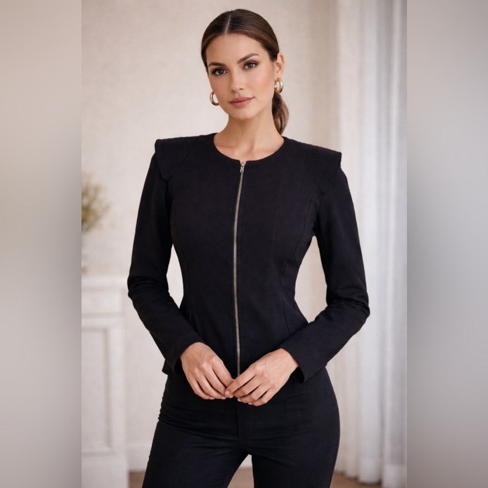 Three Dots Womens Black Ponte Knit Jacket Sz M Structured Shoulder Minimalist